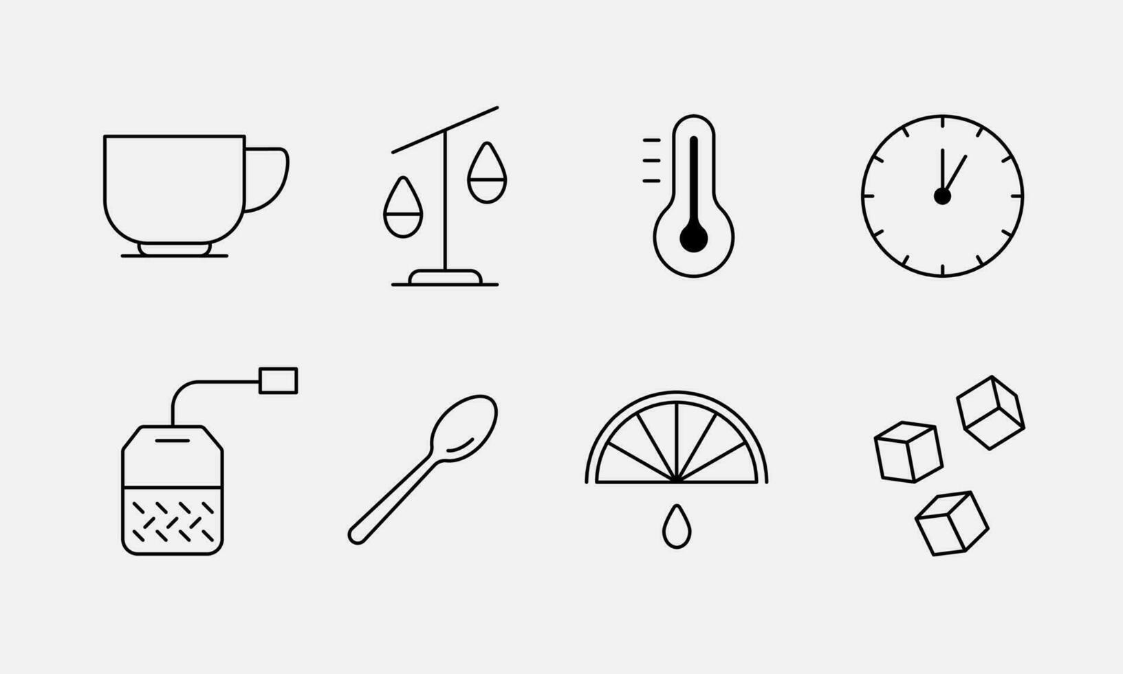 Tea infographic line icons. Set of outline symbols about preparation tea like a scales, tea cup and bag, slice of lemon, spoon and sugar. Breakfast drink, lunch, time break. Vector