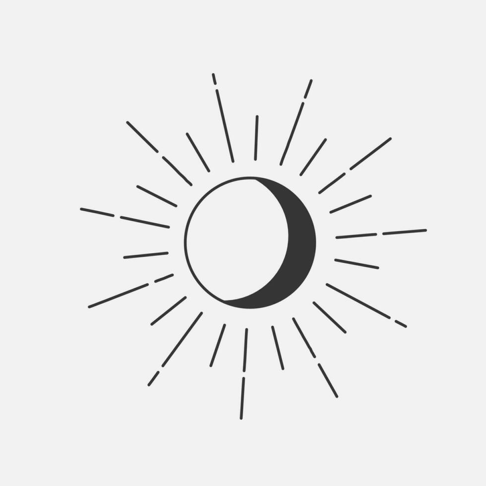 Sun and moon boho style. Sunburning hipster element. Decor line icon. Vector