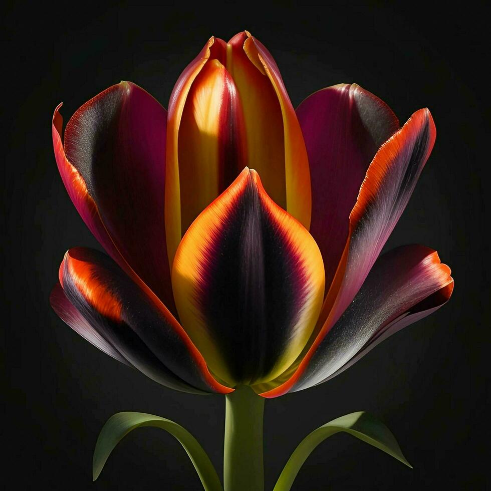 un hermosa tulipán en negro fondo, parte superior vista, ai generativo foto