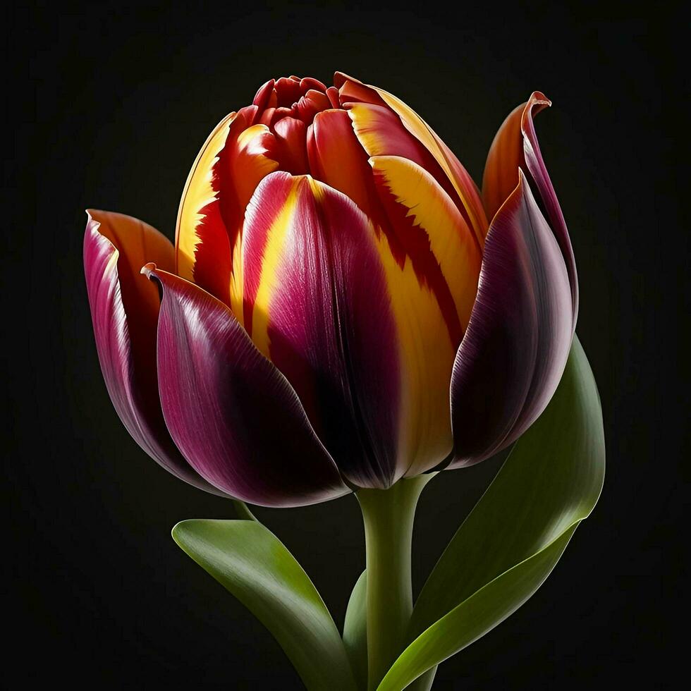 A beautiful Tulip on black background, top view, Ai Generative photo