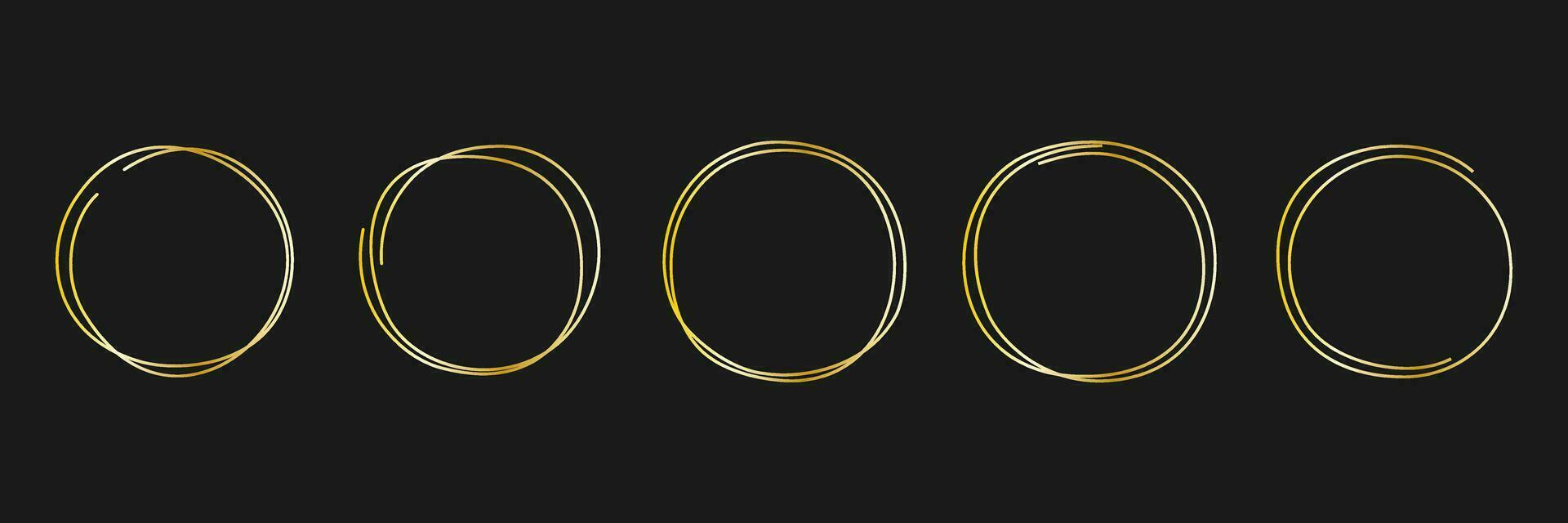 Textured gold circles. Shiny vintage round frames. Ring shapes luxury style. Vector on black background