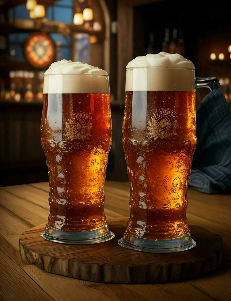 Oktoberfest beer mug stands on a wooden board, Ai Generative photo