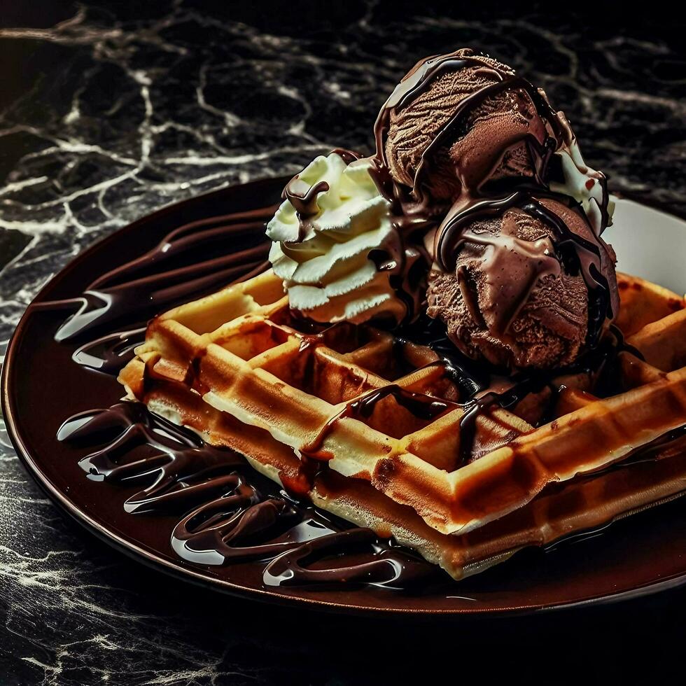 Tasty waffle with chocolate ice cream, whipped cream and chocolate syrup on top, Ai Generative photo
