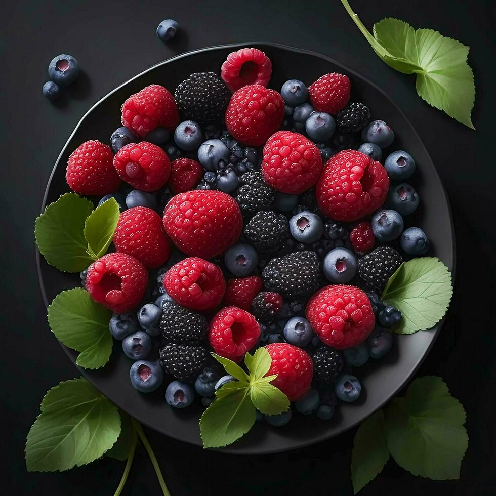 A plate of berries on black background, top view, Ai Generative photo