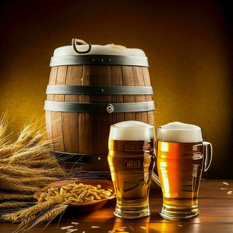 Glasses of beer wheat with wooden barrel, Ai Generative photo