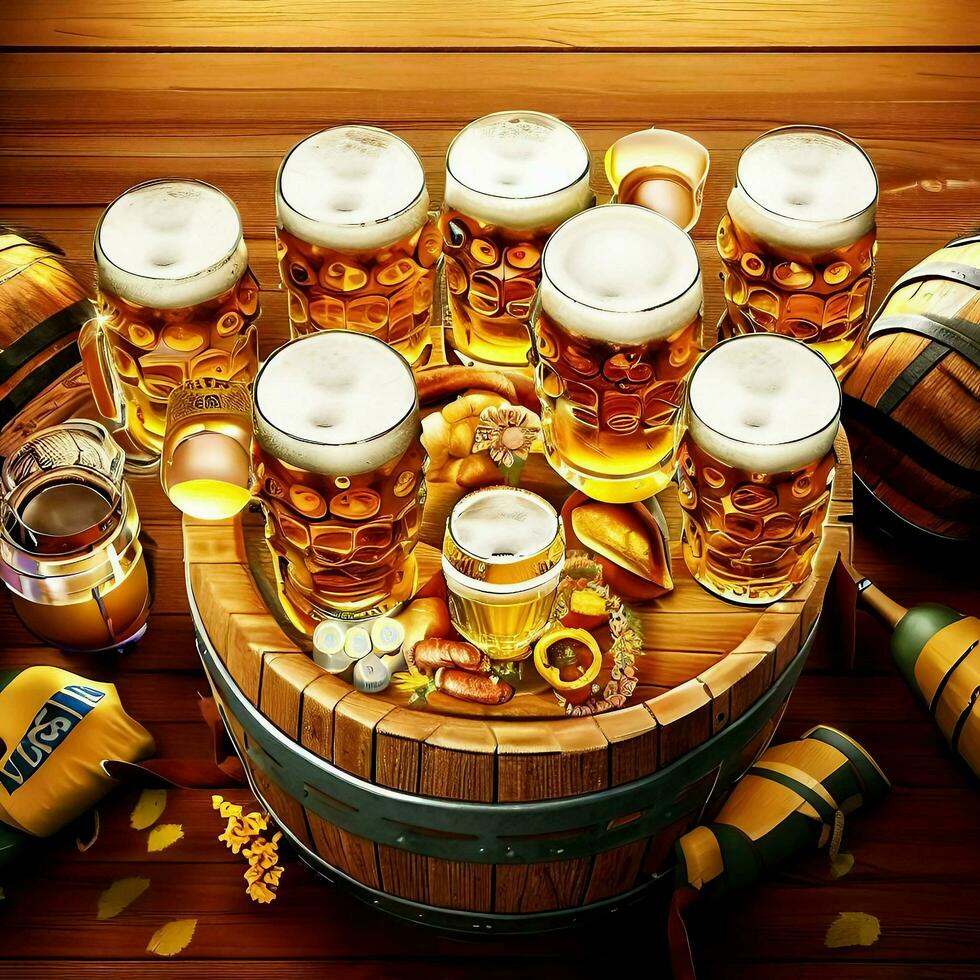 Glasses of beer wheat with wooden barrel, Ai Generative photo