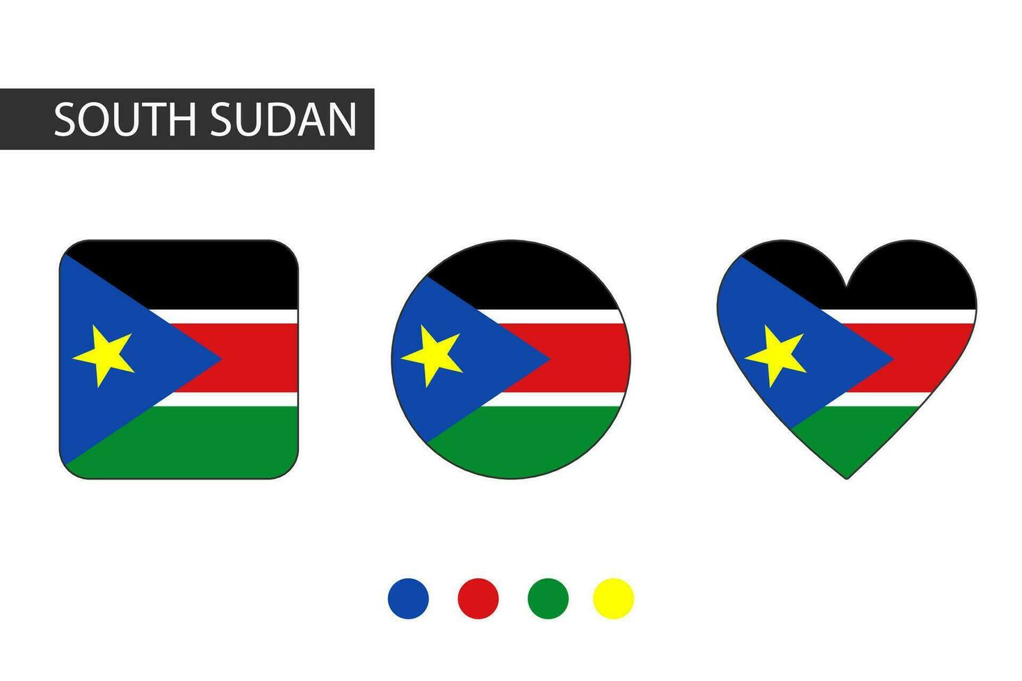 South Sudan 3 shapes square, circle, heart with city flag. Isolated on white background. vector