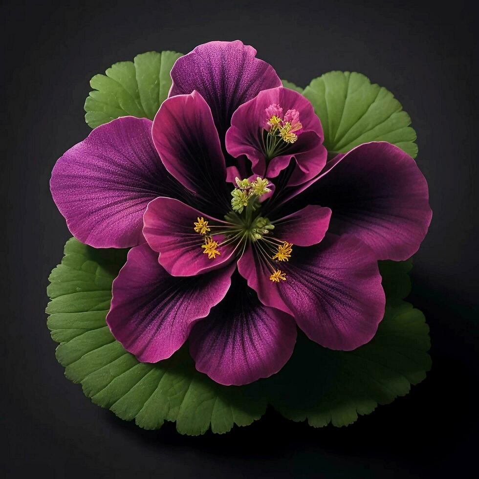 A beautiful geranium flower on black background, top view, Ai Generative photo