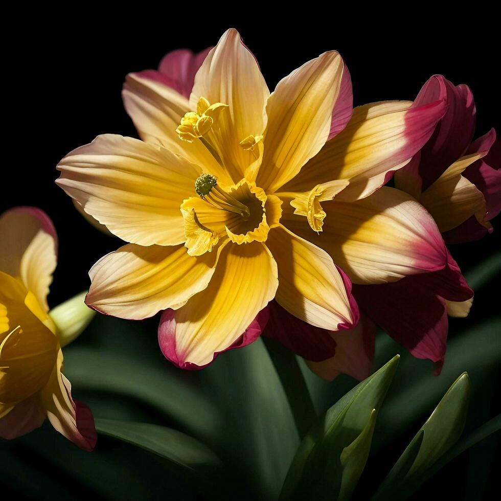 A beautiful daffodil flower on black background, top view, Ai Generative photo