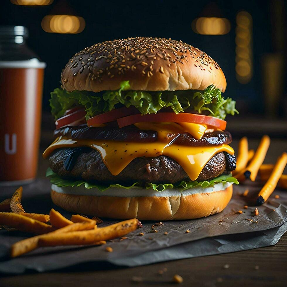 A plate of Burger on dark background, Ai Generative photo