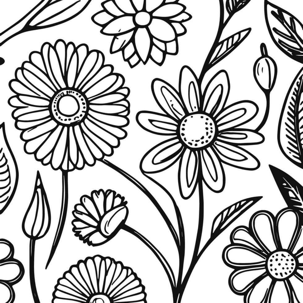 Abstract Black And White Monochromatic Hand-drawn Flowers Texture Pattern Doodle Vector Illustration