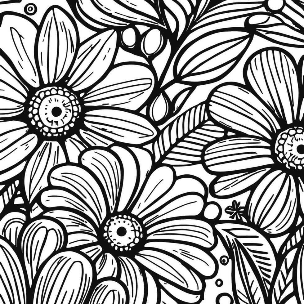 Abstract Black And White Monochromatic Hand-drawn Flowers Texture Pattern Doodle Vector Illustration