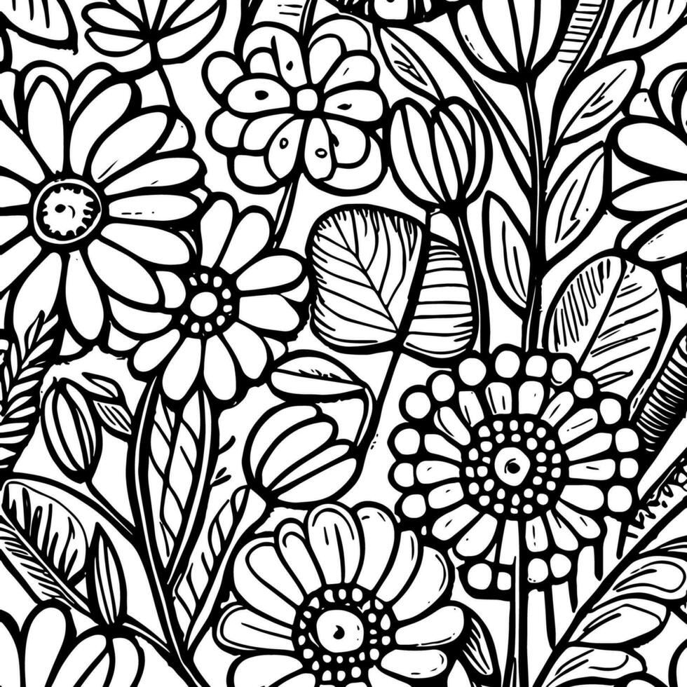 Abstract Black And White Monochromatic Hand-drawn Flowers Texture Pattern Doodle Vector Illustration