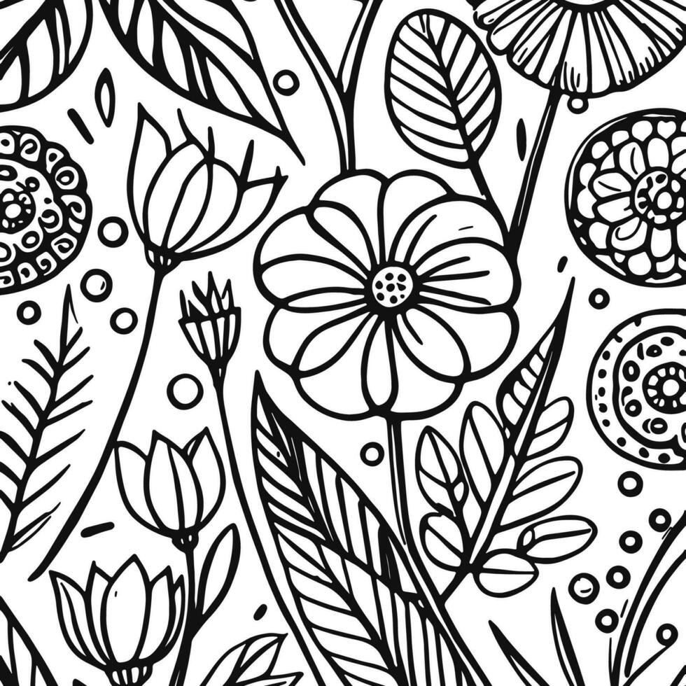 Abstract Black And White Monochromatic Hand-drawn Flowers Texture Pattern Doodle Vector Illustration