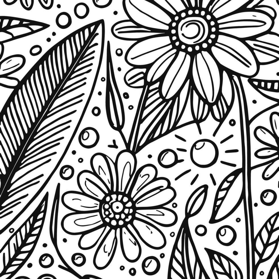 Abstract Black And White Monochromatic Hand-drawn Flowers Texture Pattern Doodle Vector Illustration