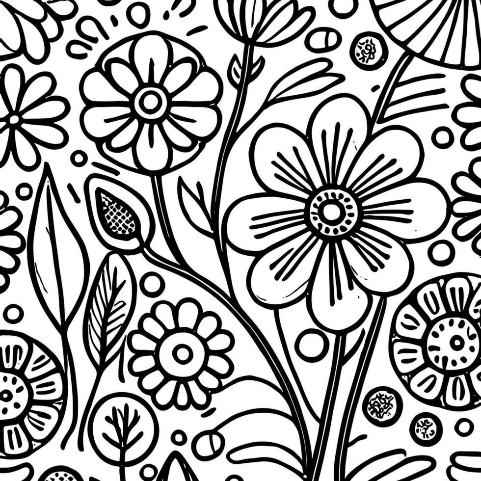 Abstract Black And White Monochromatic Hand-drawn Flowers Texture Pattern Doodle Vector Illustration