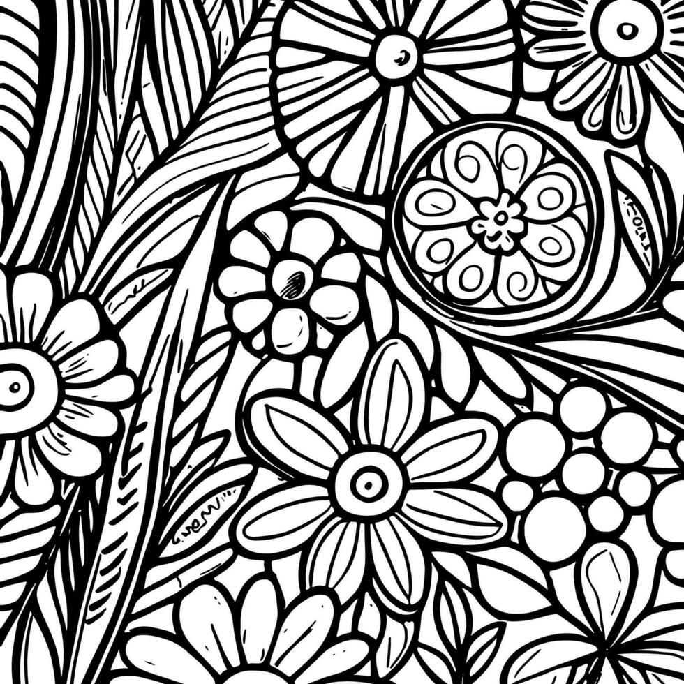 Abstract Black And White Monochromatic Hand-drawn Flowers Texture Pattern Doodle Vector Illustration