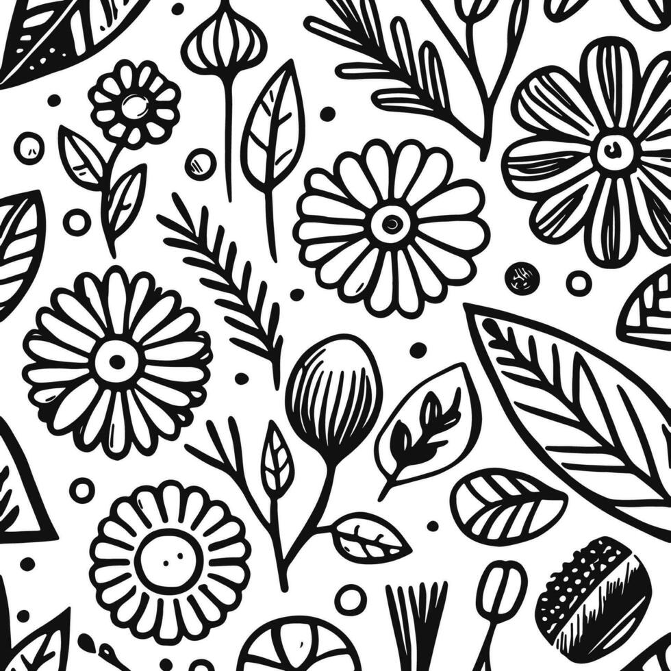 Abstract Black And White Monochromatic Hand-drawn Flowers Texture Pattern Doodle Vector Illustration