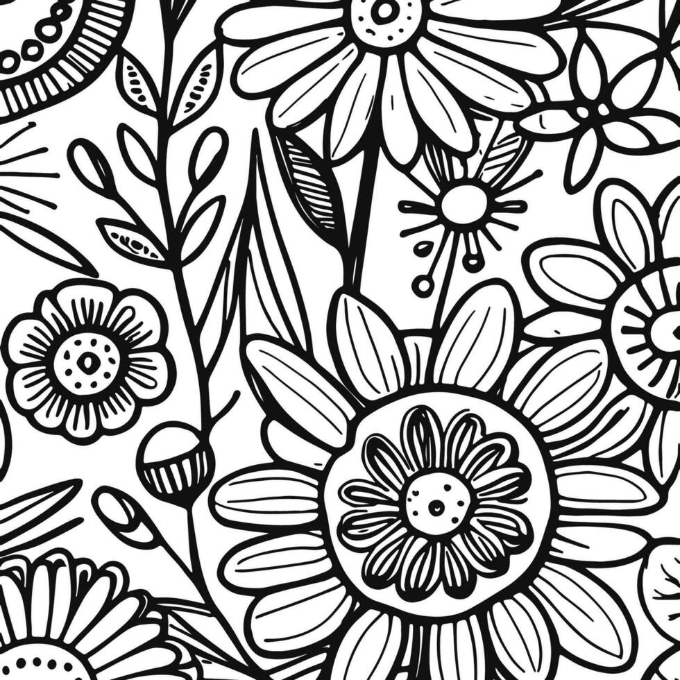 Abstract Black And White Monochromatic Hand-drawn Flowers Texture Pattern Doodle Vector Illustration