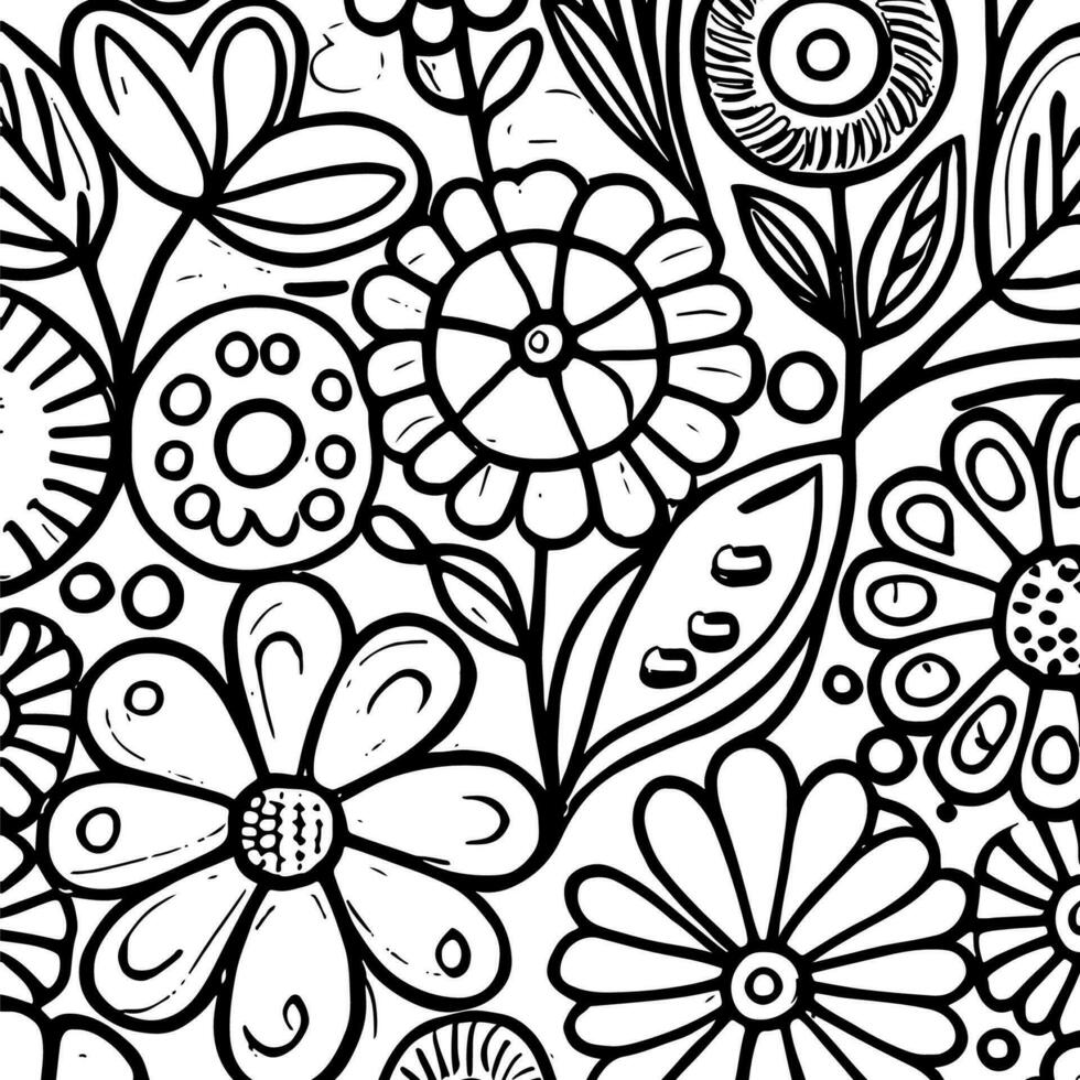 Abstract Black And White Monochromatic Hand-drawn Flowers Texture Pattern Doodle Vector Illustration