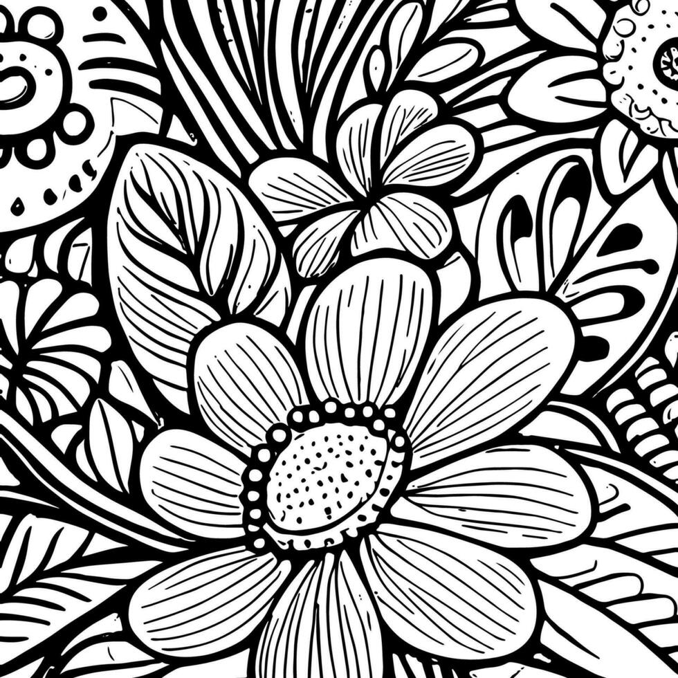 Abstract Black And White Monochromatic Hand-drawn Flowers Texture Pattern Doodle Vector Illustration