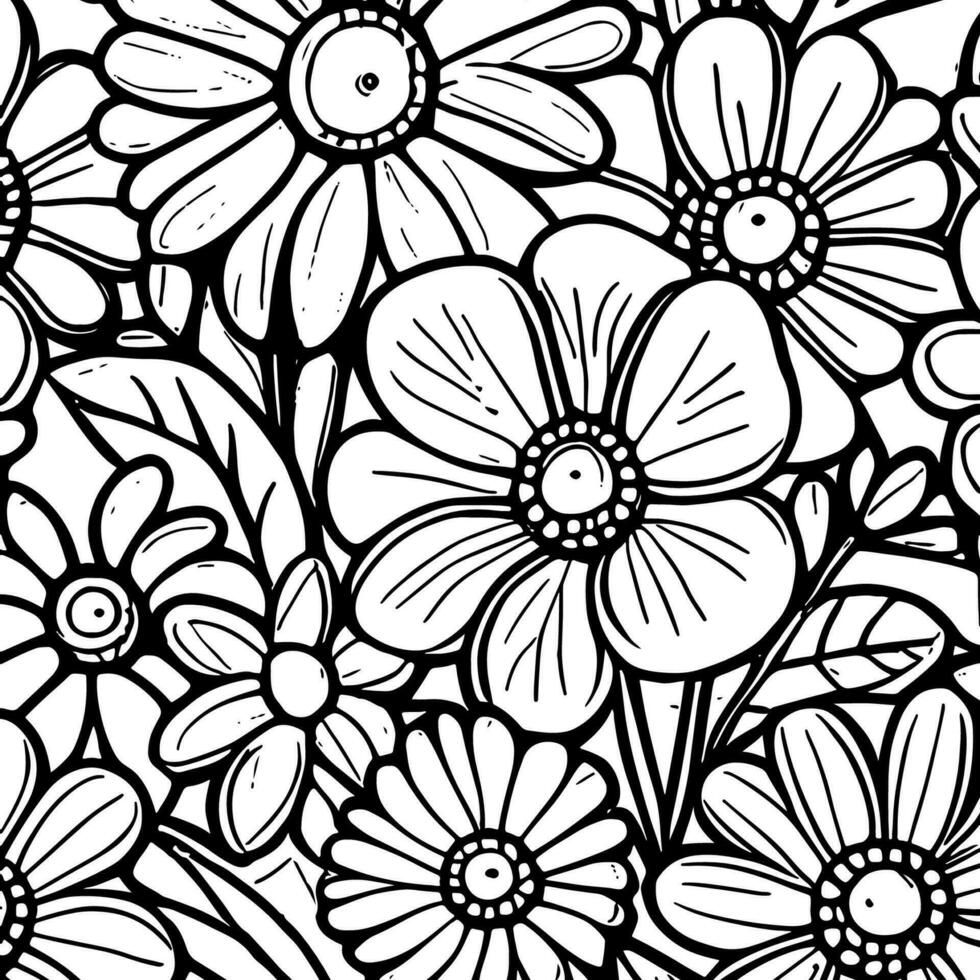 Abstract Black And White Monochromatic Hand-drawn Flowers Texture Pattern Doodle Vector Illustration