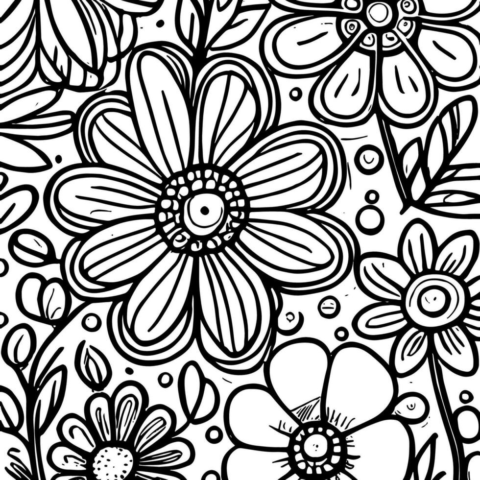 Abstract Black And White Monochromatic Hand-drawn Flowers Texture Pattern Doodle Vector Illustration