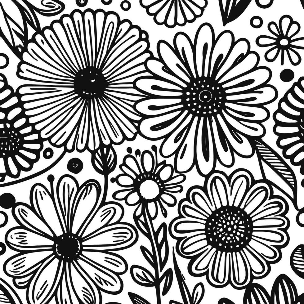 Abstract Black And White Monochromatic Hand-drawn Flowers Texture Pattern Doodle Vector Illustration