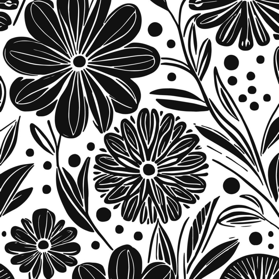 Abstract Black And White Monochromatic Hand-drawn Flowers Texture Pattern Doodle Vector Illustration