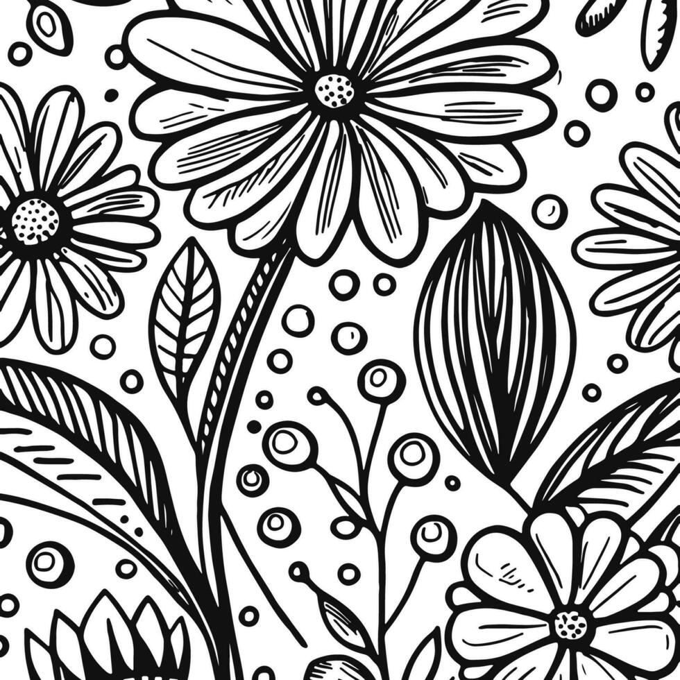 Abstract Black And White Monochromatic Hand-drawn Flowers Texture Pattern Doodle Vector Illustration