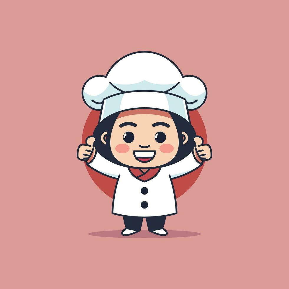 linda y contento chibi cocinero niña mascota con pulgares arriba gesto sencillo vector ilustración