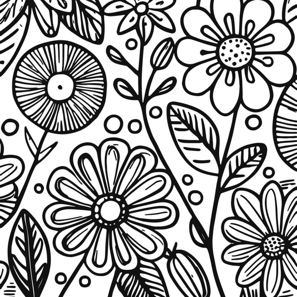 Abstract Black And White Monochromatic Hand-drawn Flowers Texture Pattern Doodle Vector Illustration