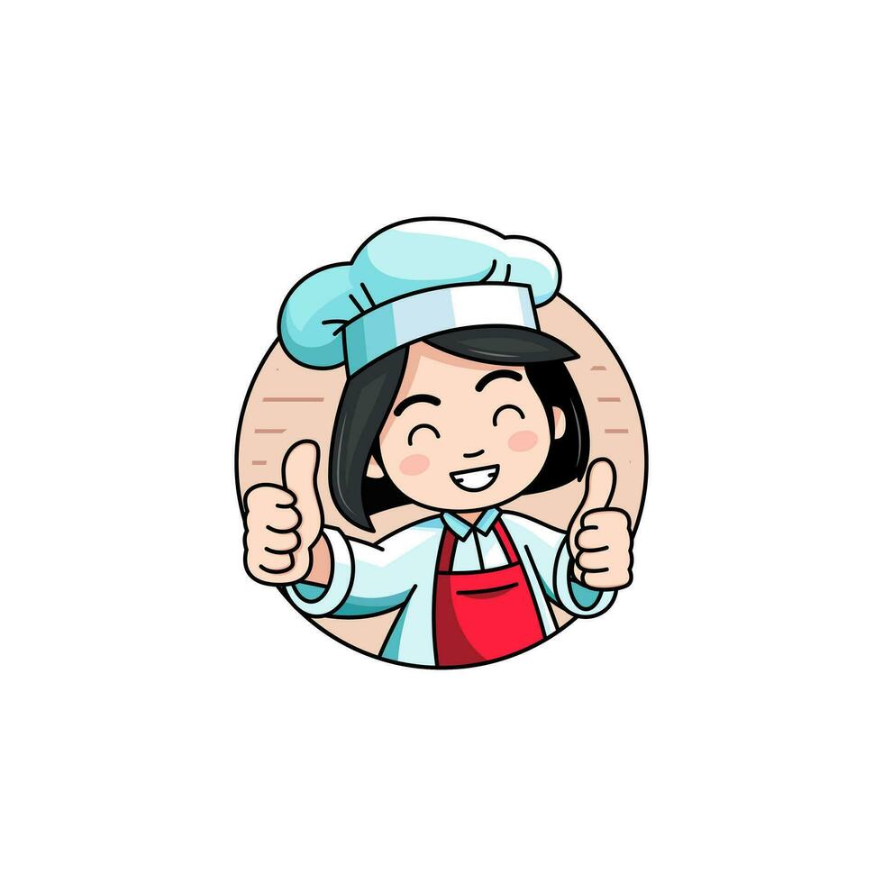 linda y contento cocinero niña con pulgares arriba gesto sencillo vector logo mascota diseño