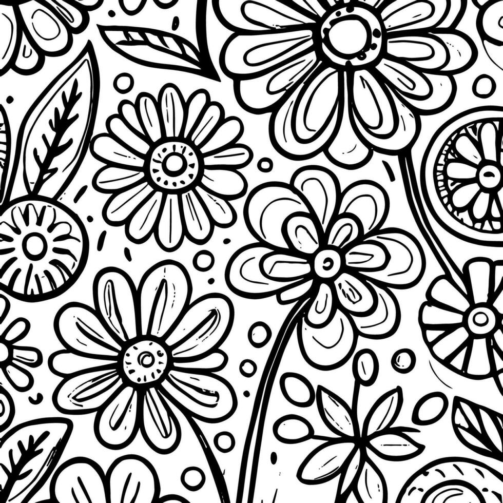 Abstract Black And White Monochromatic Hand-drawn Flowers Texture Pattern Doodle Vector Illustration