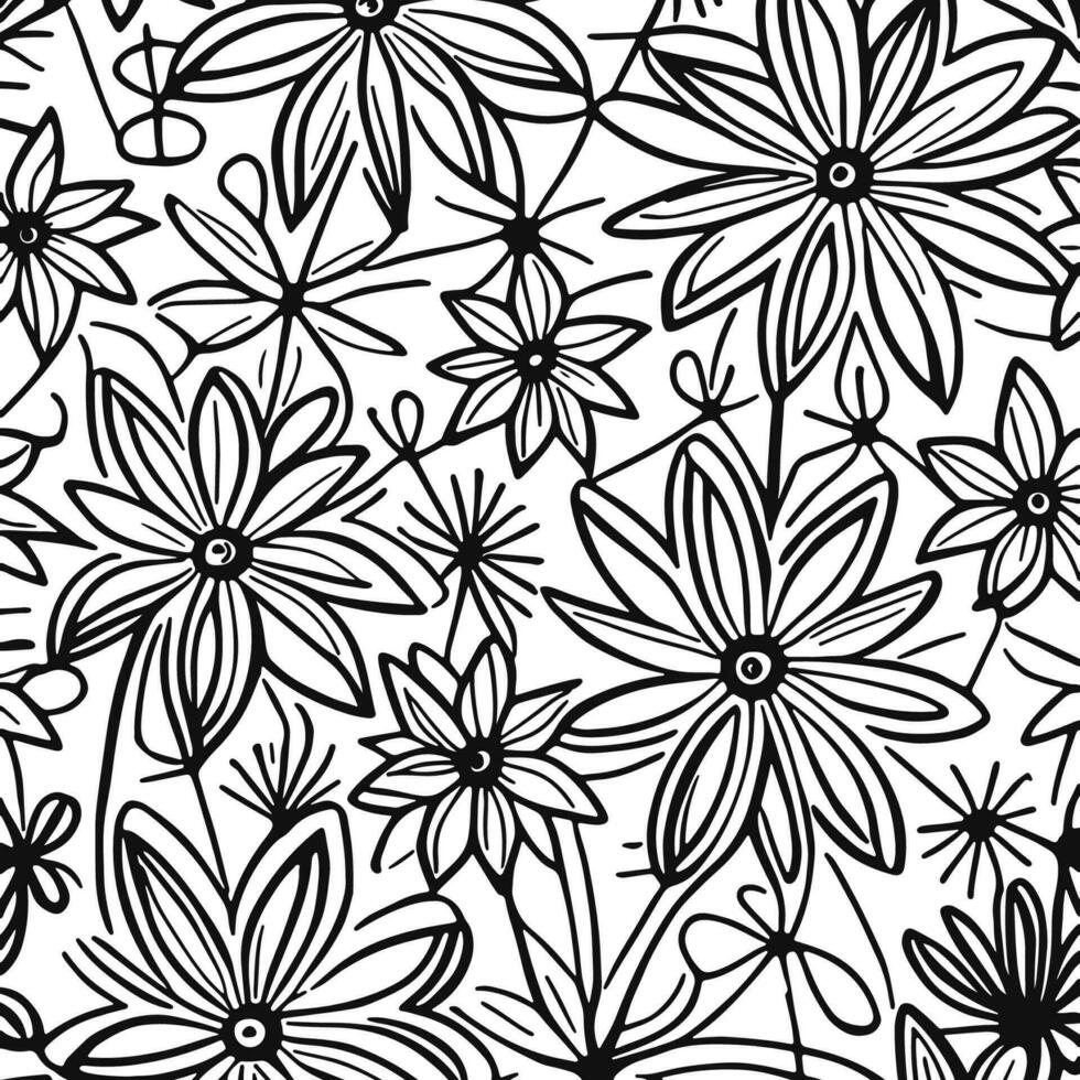 Abstract Black And White Monochromatic Hand-drawn Flowers Texture Pattern Doodle Vector Illustration