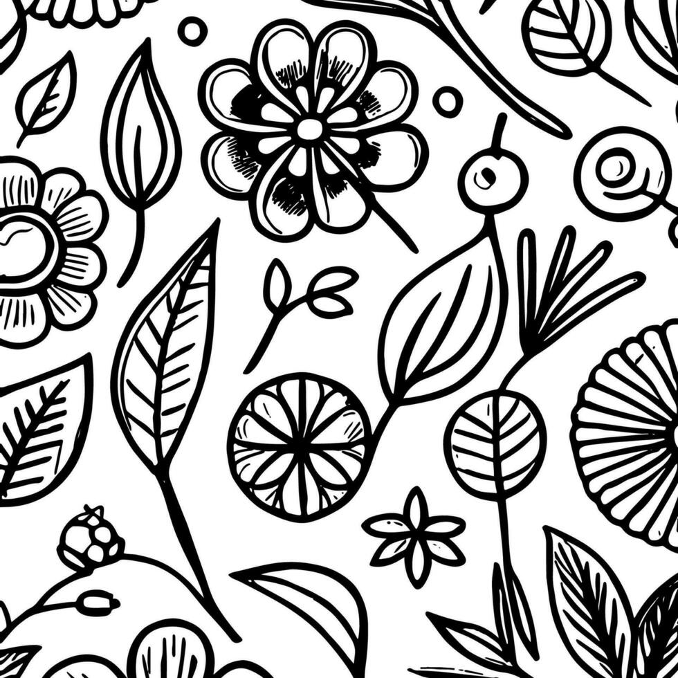 Abstract Black And White Monochromatic Hand-drawn Flowers Texture Pattern Doodle Vector Illustration