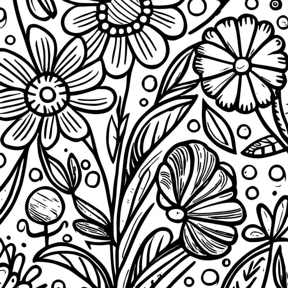 Abstract Black And White Monochromatic Hand-drawn Flowers Texture Pattern Doodle Vector Illustration