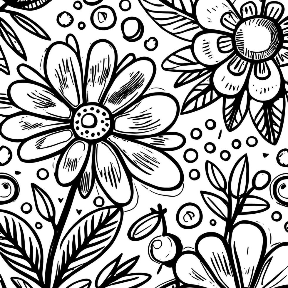 Abstract Black And White Monochromatic Hand-drawn Flowers Texture Pattern Doodle Vector Illustration