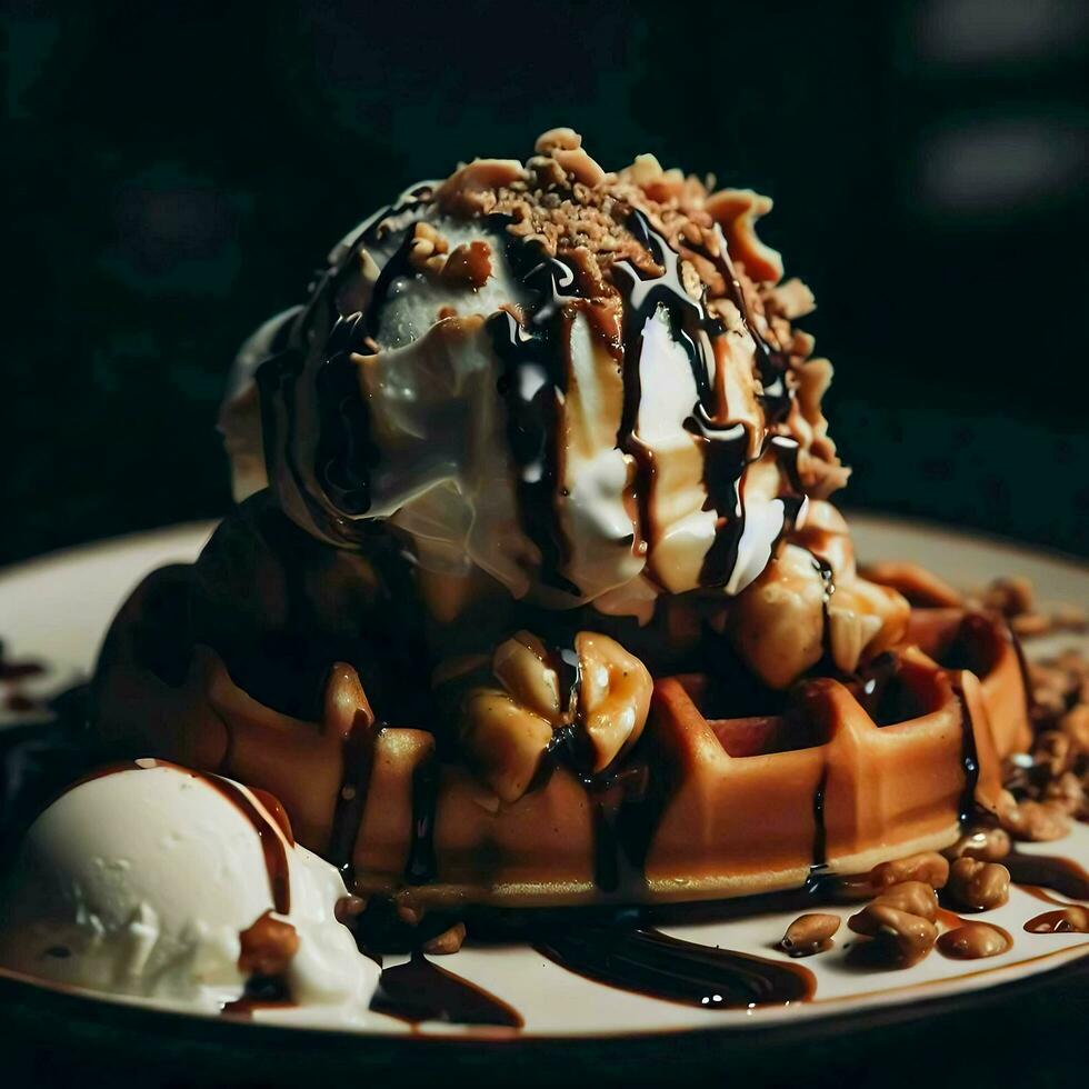 Tasty waffle with chocolate ice cream, whipped cream and chocolate syrup on top, Ai Generative photo