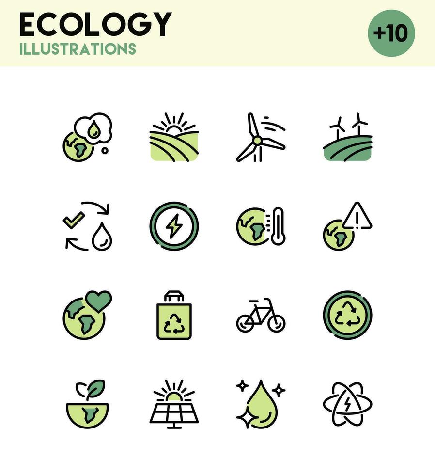 conjunto de eco relacionado iconos, global calentamiento, reciclaje, sostenibilidad, energía ahorro, clima cambiar, aire contaminación y lineal variedad vectores