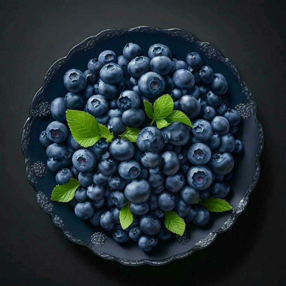 A plate of blueberries on black background, top view, Ai Generative photo