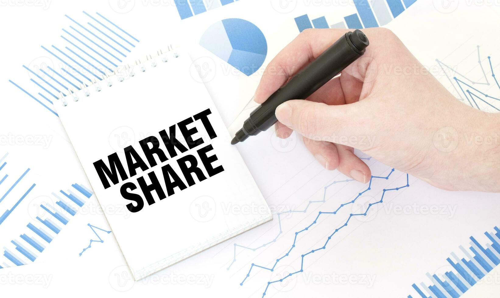 Businessman holding a black marker, notepad with text MARKET SHARE, business concept photo