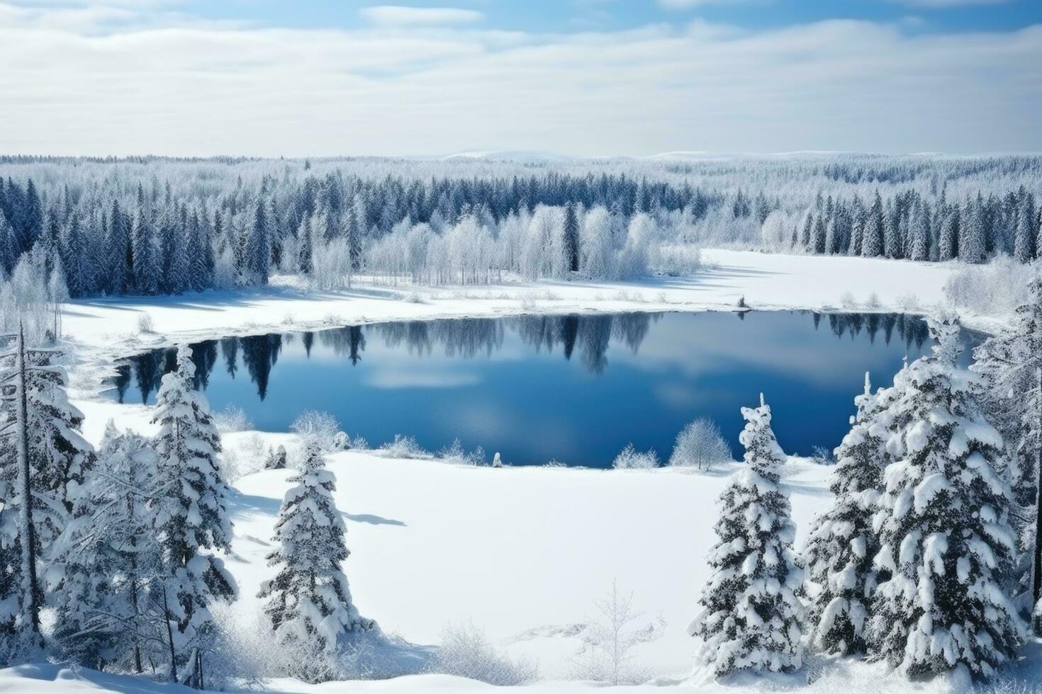 Aerial view of the forest with a lake at winter. The trees are covered with snow. Beautiful nature. photo