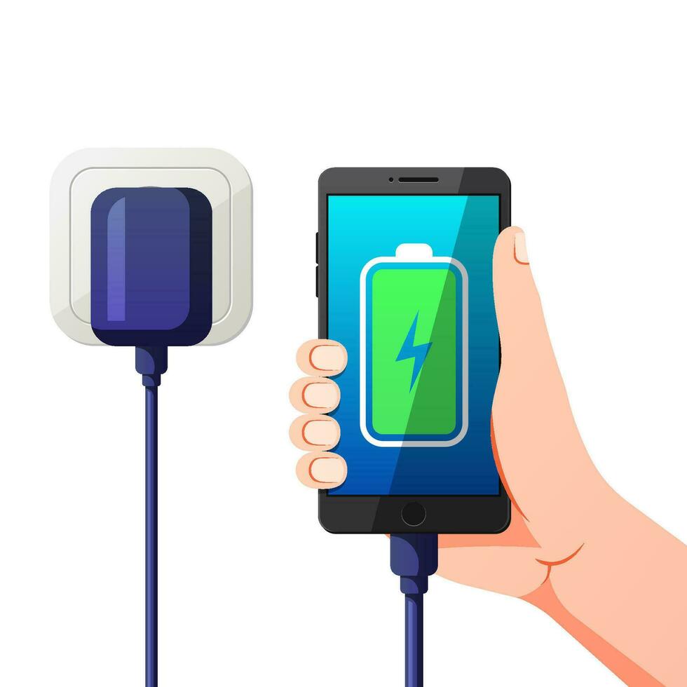 Hand holding smartphone while charging. vector