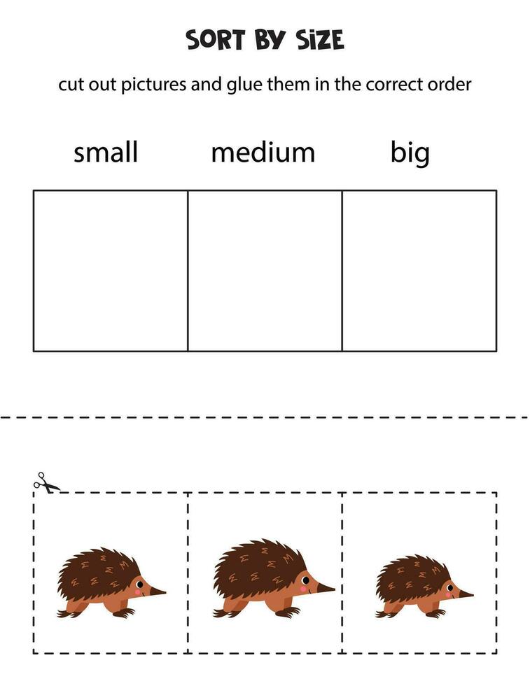 ordenar linda equidna por tamaño. educativo hoja de cálculo para niños. vector