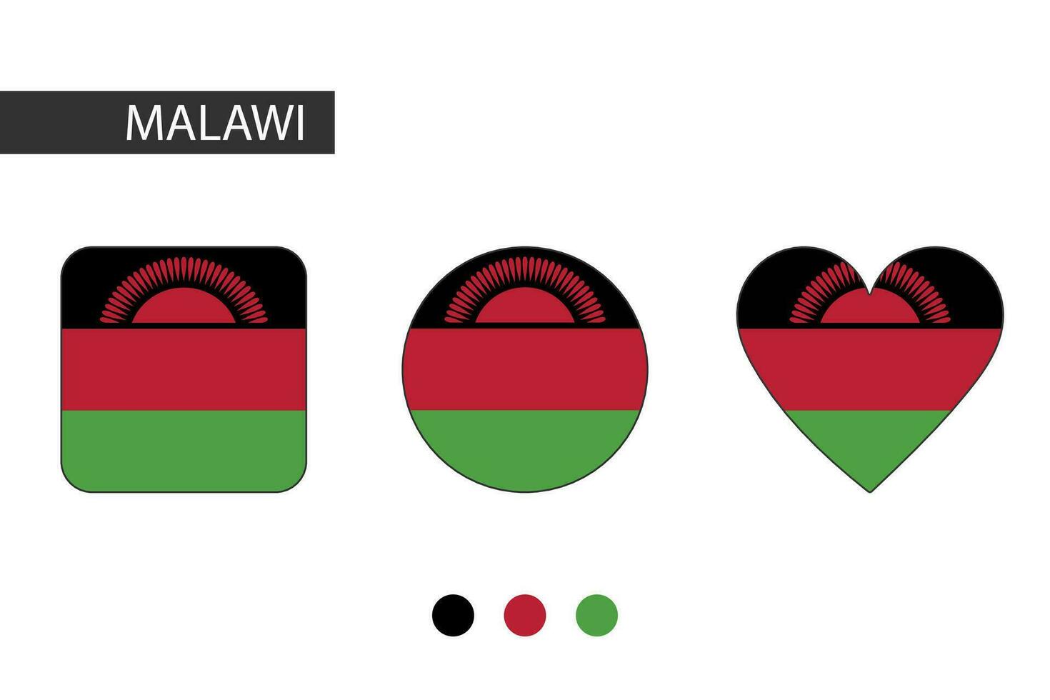 Malawi 3 shapes square, circle, heart with city flag. Isolated on white background. vector