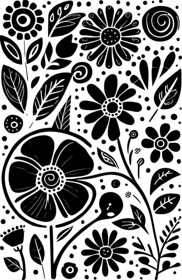 Abstract Black And White Monochromatic Hand-drawn Flowers Texture Pattern Doodle Vector Illustration