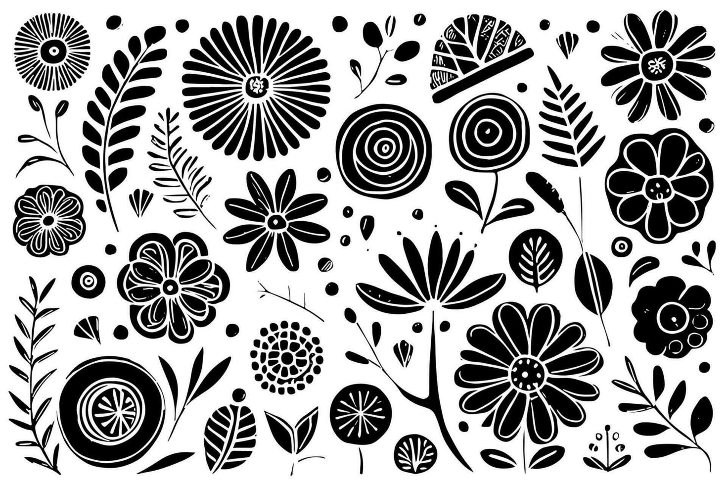 Abstract Black And White Monochromatic Hand-drawn Flowers Texture