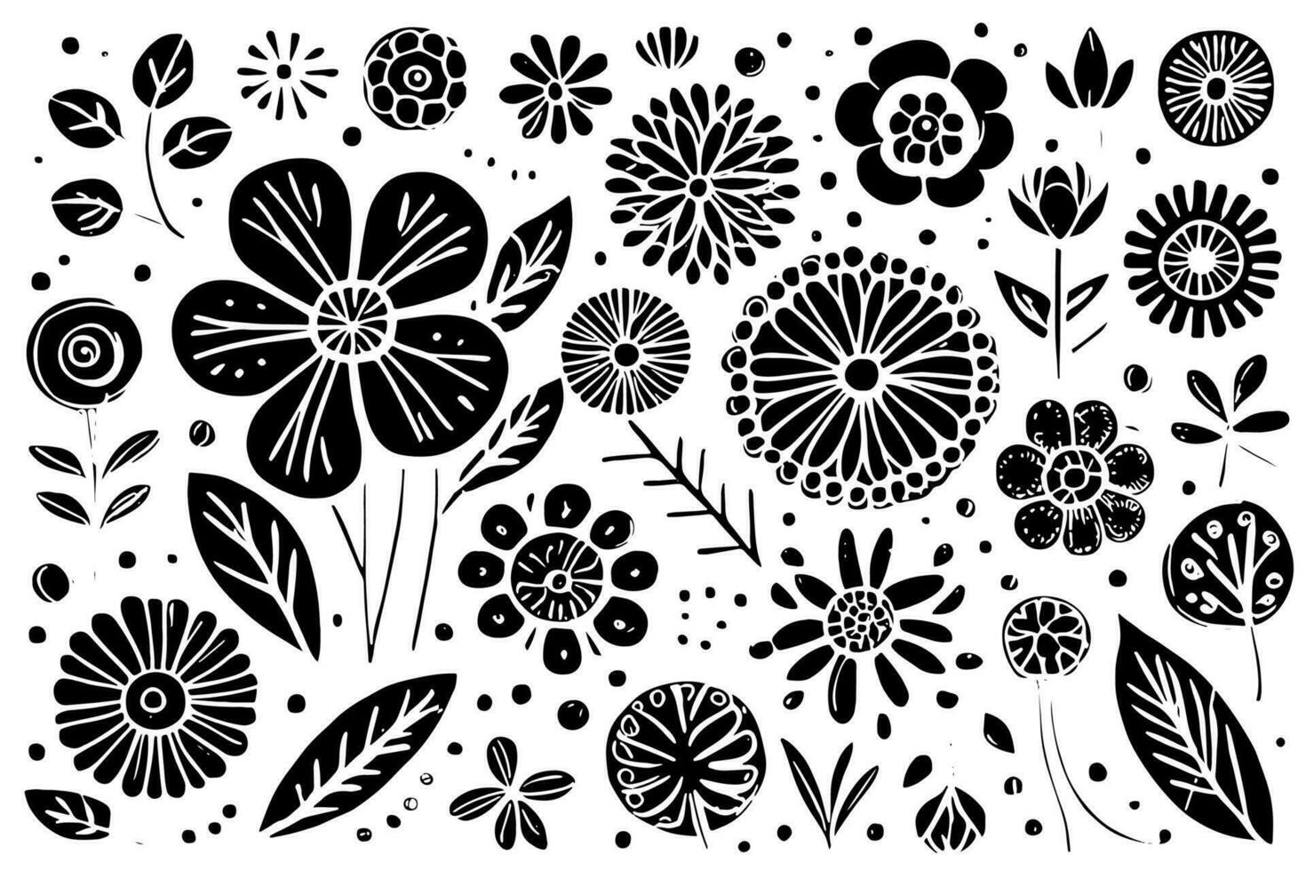 Abstract Black And White Monochromatic Hand-drawn Flowers Texture Pattern Doodle Vector Illustration