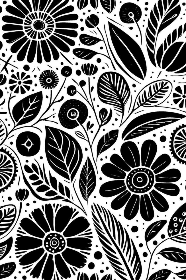 Abstract Black And White Monochromatic Hand-drawn Flowers Texture Pattern Doodle Vector Illustration